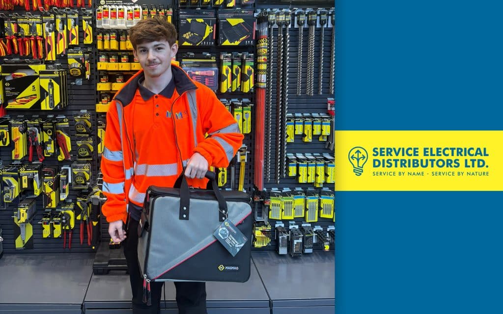 Ellis from M&Y Maintenance and Construction with his C.K apprentice tool kit supplied by Service Electrical Distributors.